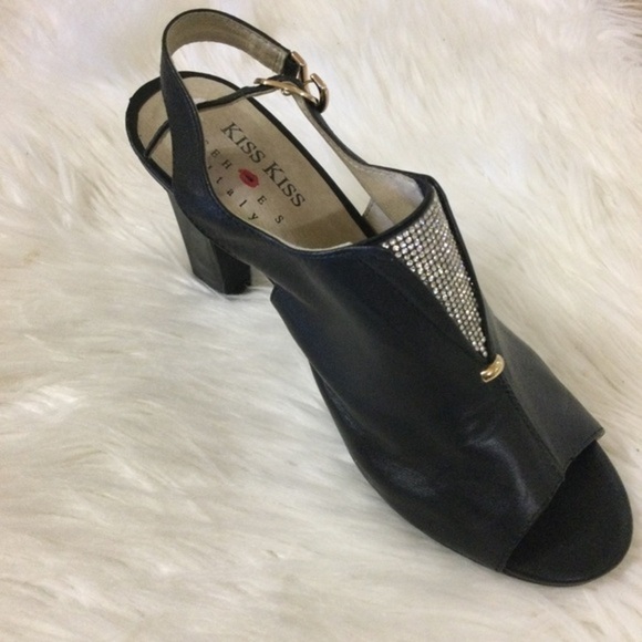 Kiss Kiss Italy Black Leather with‎ Rhinestones Peep Toe Sandals Size 7.5 NWOT - Picture 3 of 13